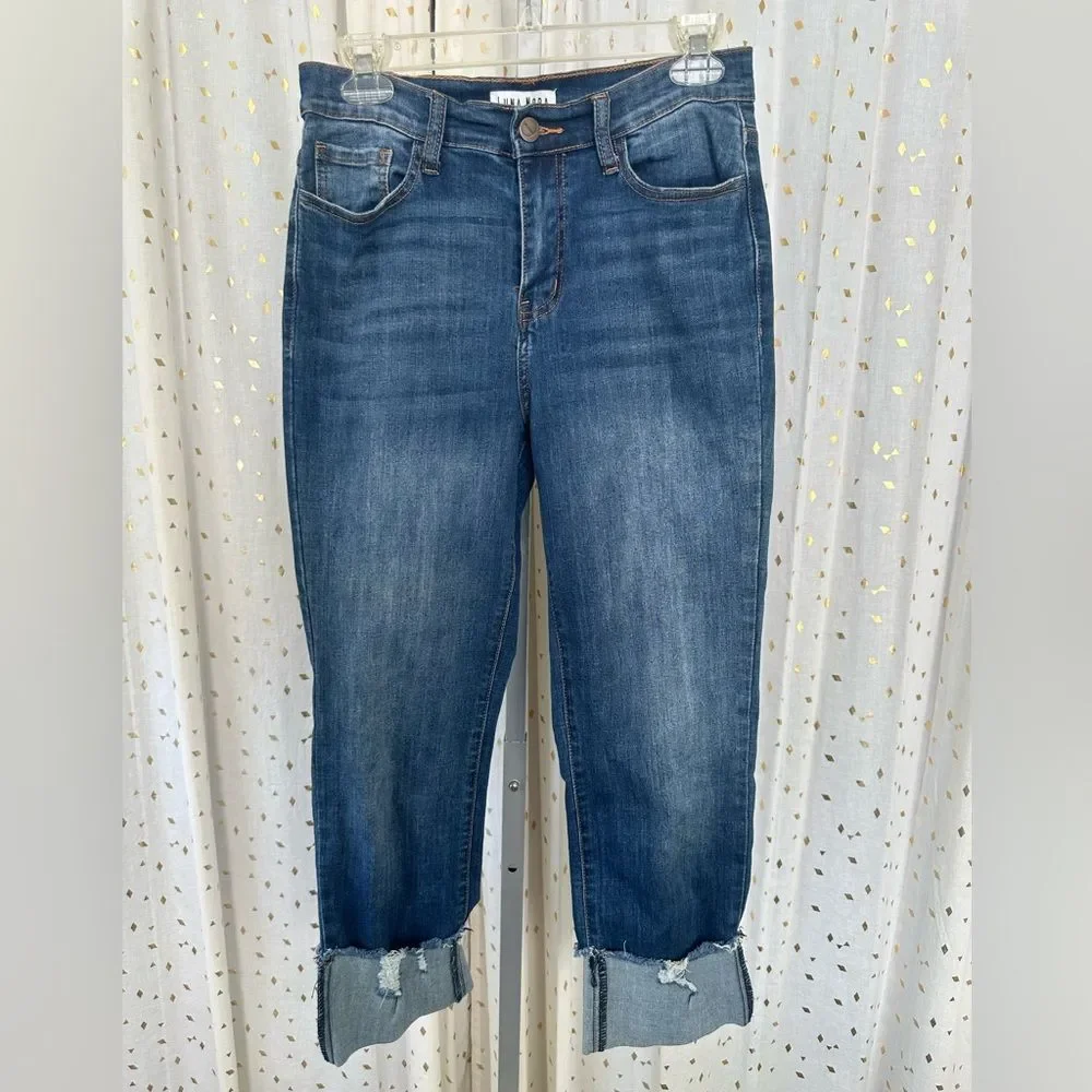 Luna Nora Boho Medium Wash Factory Faded Distressed Cropped Cuff Denim Jeans 6